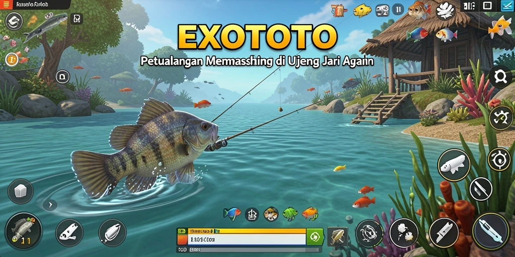 Tampilan gameplay EXOTOTO yang memukau saat menangkap ikan di danau.