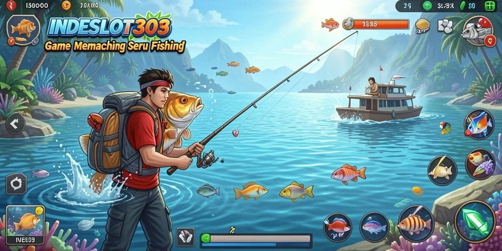 Screenshot gameplay INDESLOT303 menampilkan pemain sedang memancing di laut yang indah.
